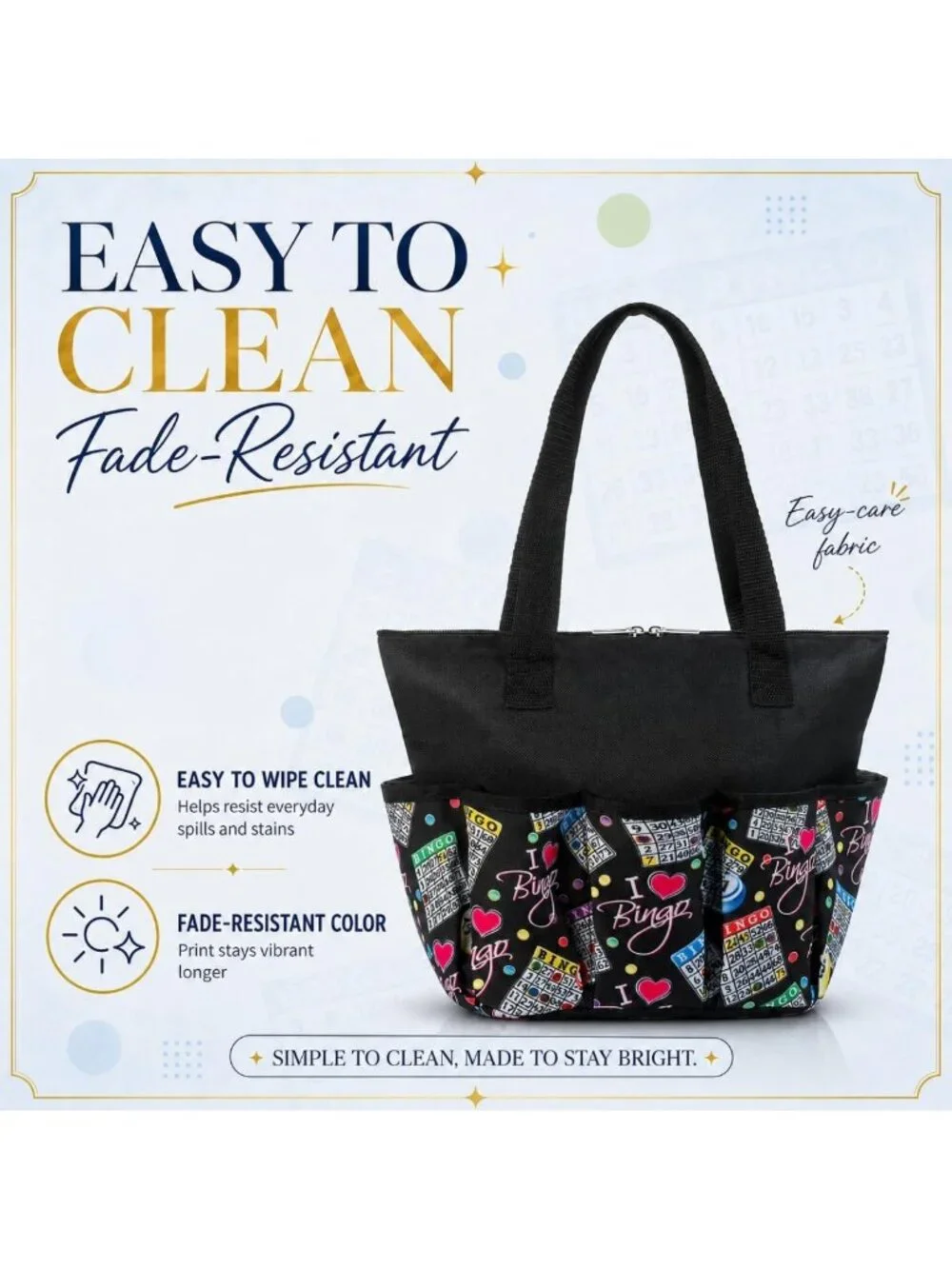 Stylish Black Pattern Tote Bag with 10 Pockets for Bingo Daubers & Accessories